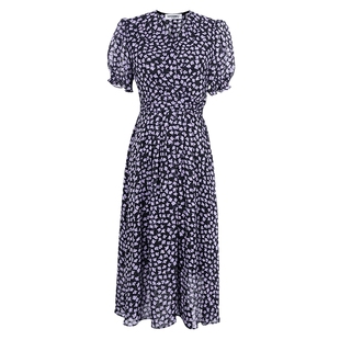 米思阳2025夏季新款气质V领设计感泡泡袖A字裙复古碎花连衣裙1293