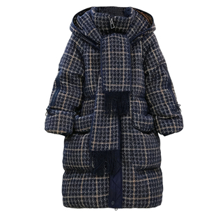 围巾领大码羽绒棉服女冬季洋气千鸟格棉袄妈妈装加厚保暖棉衣外套