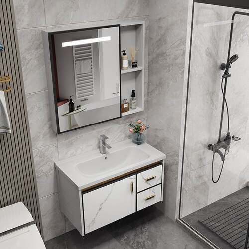 新款浴室柜太空铝岩板洗手盆柜组合一体盆卫生间陶瓷洗脸池洗漱台