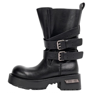 「鞋登」2026新款黑色马丁靴女英伦风真皮厚底增高百搭机车骑士靴