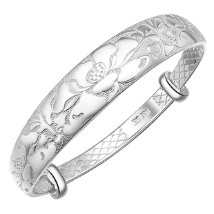 年轻款银手镯妈妈款女9999纯实心款推拉莲花银镯子生日礼物送婆婆