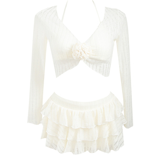 温泉泳衣女白色比基尼套装长袖罩衫荷叶裙小胸纯欲海边度假风氛围