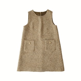 秋冬卡其色新款气质高级显瘦小香风裙子内搭无袖背心裙A字连衣裙