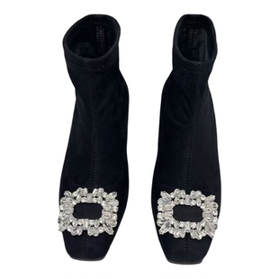 法式小短靴女2025秋冬季新款方扣水钻弹力靴粗跟方头加绒瘦瘦靴