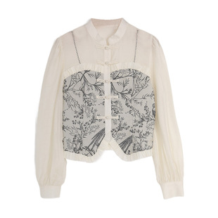 西町村屋新中式提花衬衫女春季新款清冷感拼接长袖小衫AA9111019