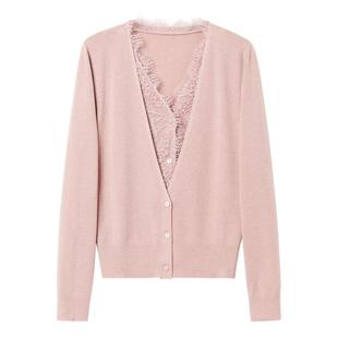 颜域长袖毛衣女士2026春装新款假两件蕾丝花边V领宽松针织衫上衣