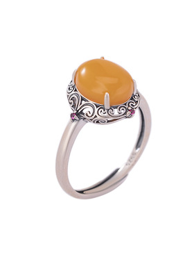 山予棠S925纯银蜜蜡老蜡复古做旧蛋面如意花纹戒指民族风气质指环