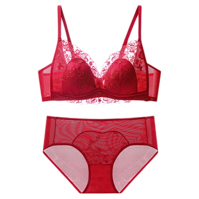 都市红色中式蕾丝性感文胸套装