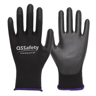 12双]QS劳保手套PU涂掌防滑工作装配搬运物流轻薄透气劳工做工用