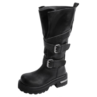 皮带扣骑士靴网红显瘦复古大筒围长靴女高筒长筒靴腿粗厚底西部靴
