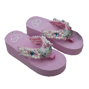 拖鞋人字拖女松糕夏厚底潮时尚 kitty小猫水钻宝石珍珠沙滩鞋坡跟