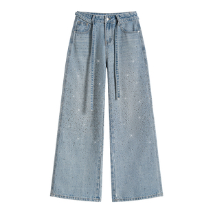 烫钻直筒牛仔裤女宽松阔腿长裤子春秋季新款闪亮带钻拖地显瘦百搭