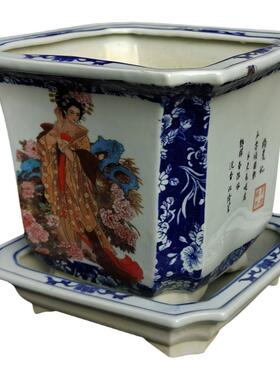 古典美女陶瓷青花瓷花盆景德镇