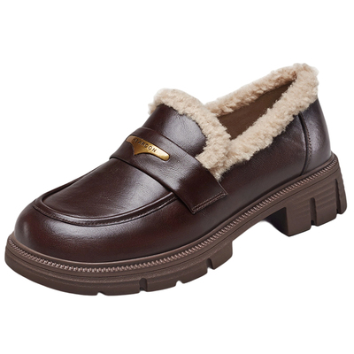 意尔康加绒通勤乐福鞋女2025秋冬新款厚底不累脚单鞋英伦风小皮鞋