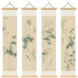 新中式书房办公室装饰画竹报平安茶室客厅禅意挂画会客室玄关挂轴