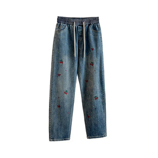 200斤高级感刺绣牛仔裤女春秋特超大码300胖mm宽松显瘦休闲老爹裤