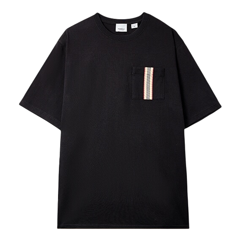 【自营】BURBERRY/博柏利男士黑色纯棉条纹贴花圆领休闲短袖T恤