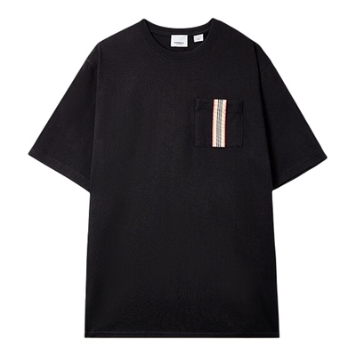 【自营】BURBERRY/博柏利男士黑色纯棉条纹贴花圆领休闲短袖T恤