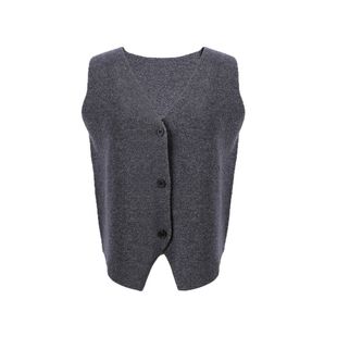 DeesseSicile 深灰色老钱风100%羊毛V领针织马甲背心/无袖上衣女