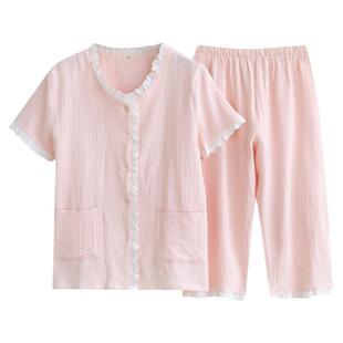 短袖七分裤睡衣女夏季薄款纯棉纱布甜美蕾丝中裤全棉家居服套装