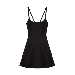 NEVA HU黑色方领吊带连衣裙女夏A字小个子短裙高级感气质收腰裙子