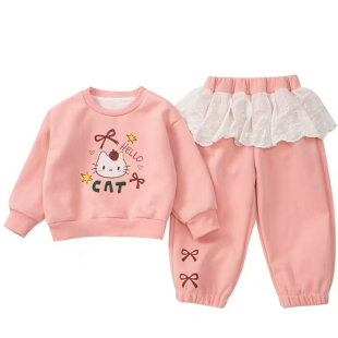 女童甜美套装2026春秋新款儿音卡通印花短款卫衣+屁帘长裤两件套