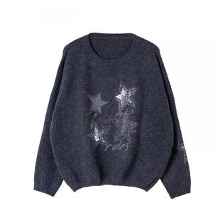 宝诗黎圆领亮片烫钻慵懒毛衣2026早春气质时尚宽松百搭针织女装