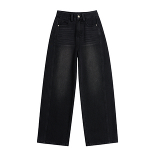 王家有鱼秋冬加绒【大姚小姚】小个子黑灰弯刀阔腿裤女2025牛仔裤