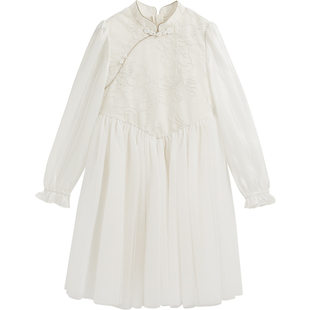 英氏女童汉服连衣裙2025春夏新款儿童新中式提花刺绣旗袍网纱裙子