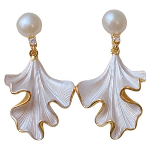 《百褶舞裙》复古文艺天然淡水珍珠银杏叶耳夹新中式耳环耳饰耳钉