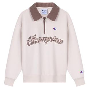 Champion冠军25冬季新款女童装绒感休闲学院半拉链海军翻领卫衣