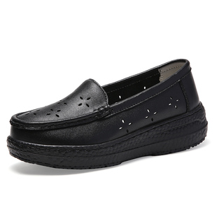 软底防滑工作鞋女一脚蹬黑色餐厅鞋妈妈护士防滑空姐乘务员镂空春