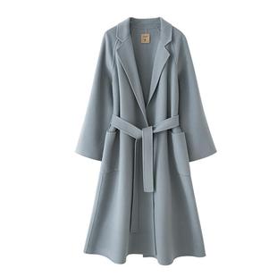 Amii赫本风绵羊毛毛呢外套女2025冬季新款西装领配腰带双面呢大衣