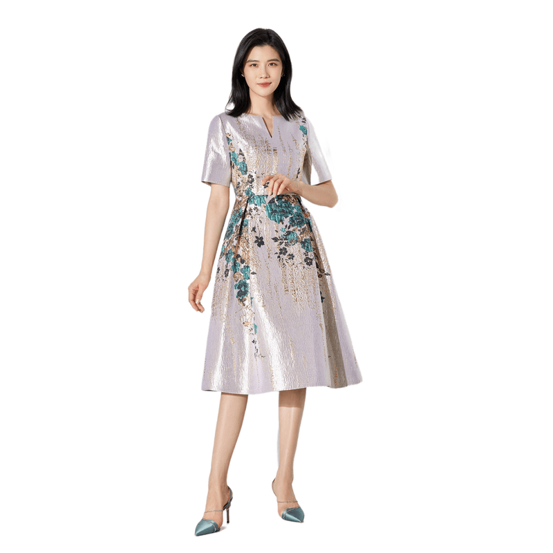 BBLLUUEE/粉蓝衣橱雅致东方金丝提花礼服裙2024秋装短袖A字连衣裙