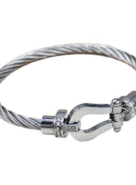 欧美时尚手环不锈钢丝绳磁扣马蹄半钻手镯U形头微镶手环不掉色