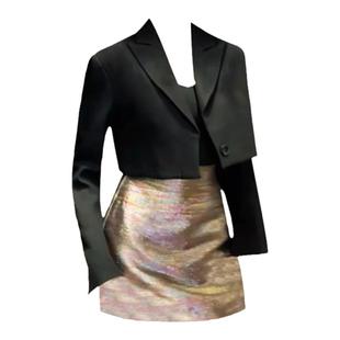 辣妹气质短款黑色西装外套2025秋季新款纯欲高腰包臀短裙裤套装