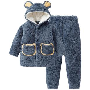 英博伦男童睡衣2025新款秋冬季男孩三层夹棉加厚法兰绒儿童家居服