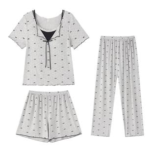 莫代尔睡衣女夏季带胸垫可外穿短袖三件套冰丝秋春家居服2026新款
