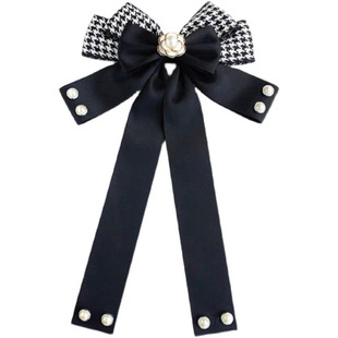 复古黑白千鸟格珍珠头饰新款山茶花蝴蝶结发饰百搭马尾发夹弹簧夹