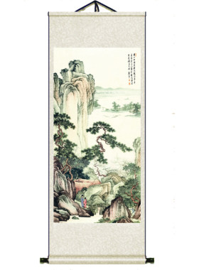 卷轴唐伯虎山水画丝绸挂画唐寅