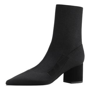 烫社交女鞋黑色弹力布面袜子靴尖头粗高跟中筒秋冬通勤针织短靴女