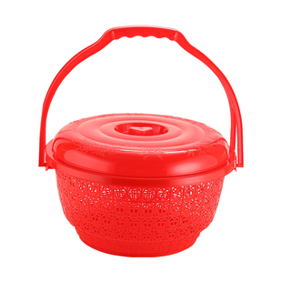 家用手提篮子塑料圆形红色带盖购物水果蔬菜拜神乔迁之喜事结婚篮