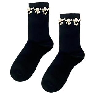 带珍珠边的袜子黑色中筒韩国女薄款夏季乐福鞋搭配日系复古学院风