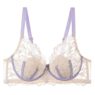 内衣女性感大胸显小钢圈聚拢收副乳防下垂蕾丝调整型薄款文胸大码