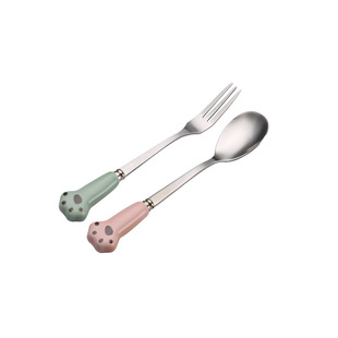 创意304不锈钢水果叉子可爱彩色陶瓷小猫爪手柄甜品叉蛋糕点心签