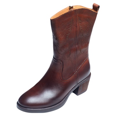 真皮压花中筒靴粗跟复古时装靴子