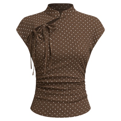 CIDER波点翻领针织短袖修身百搭肌理褶皱无袖上衣114755566