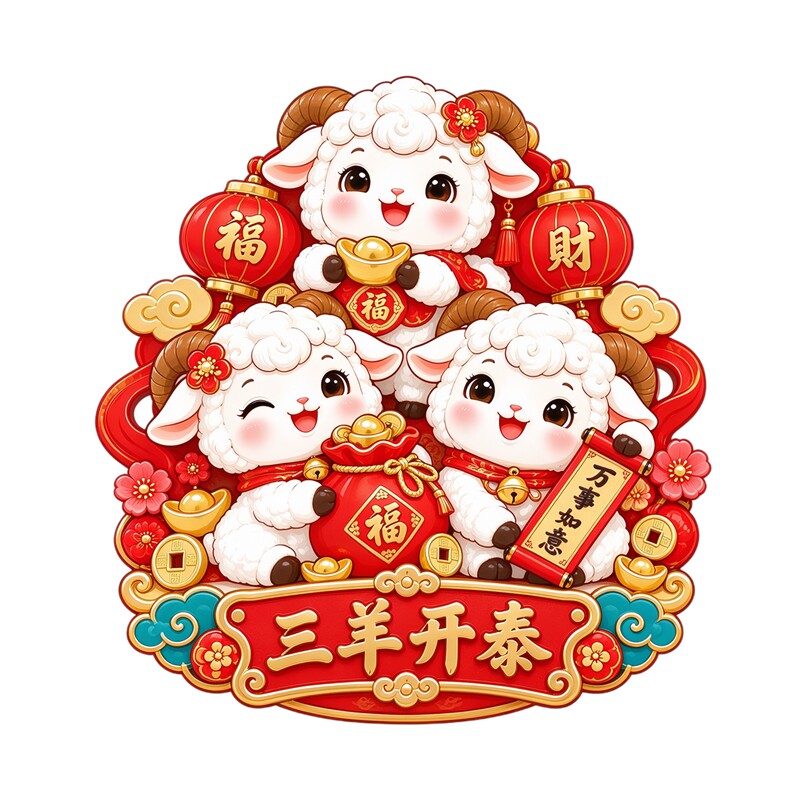 三羊开泰墙贴可爱萌小羊抱金元宝福袋灯笼祥云新春吉祥装饰贴纸画