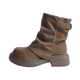 真皮~骄屿厚底马丁靴2025新款堆堆短靴棕色百搭西部美拉德裤管靴