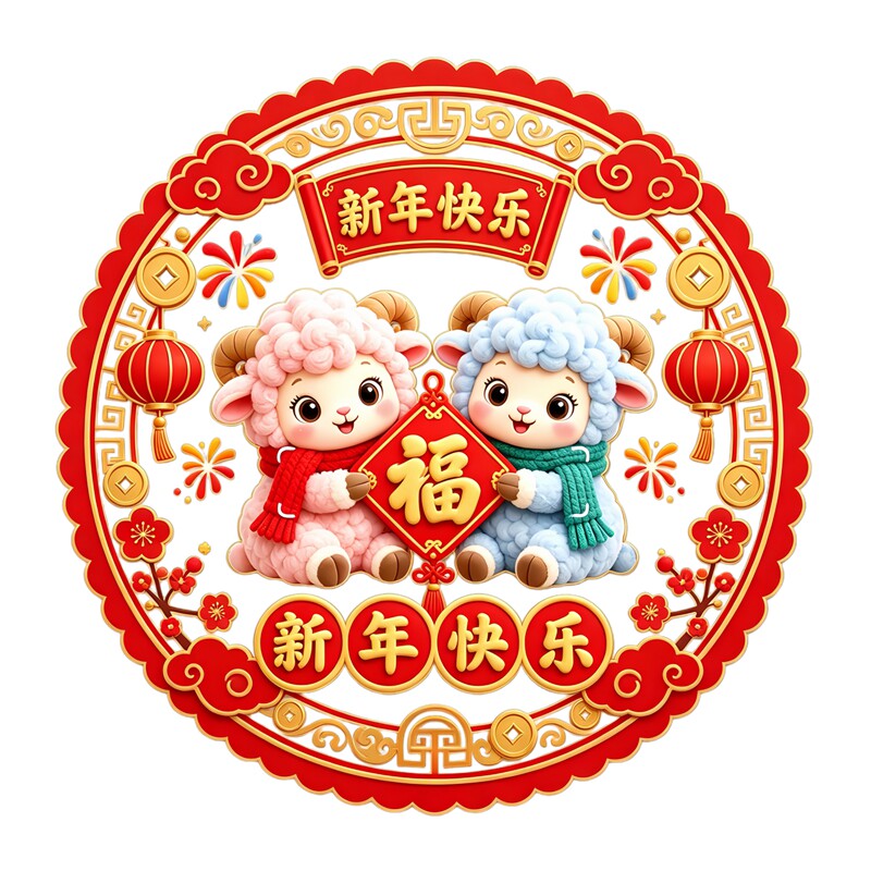 圆形小羊抱福窗花灯笼烟花梅花新年快乐吉祥新春防水透明装饰贴纸